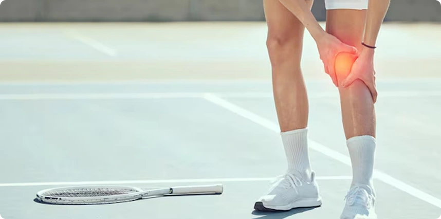 Tennis player holding knee with pain highlighted after sports injury on court.